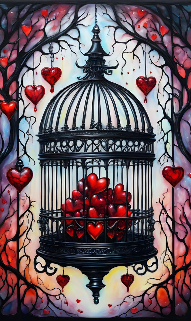 a black and red cage with red flowers