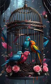 a group of colorful birds in a cage