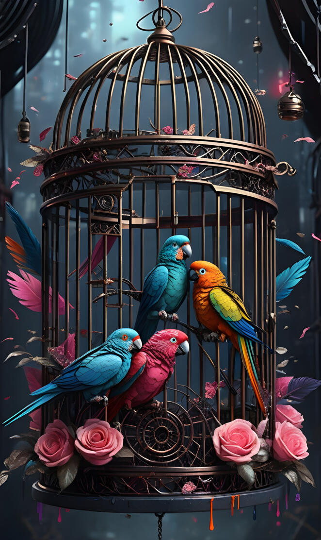 a group of colorful birds in a cage