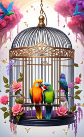 a group of colorful birds in a cage