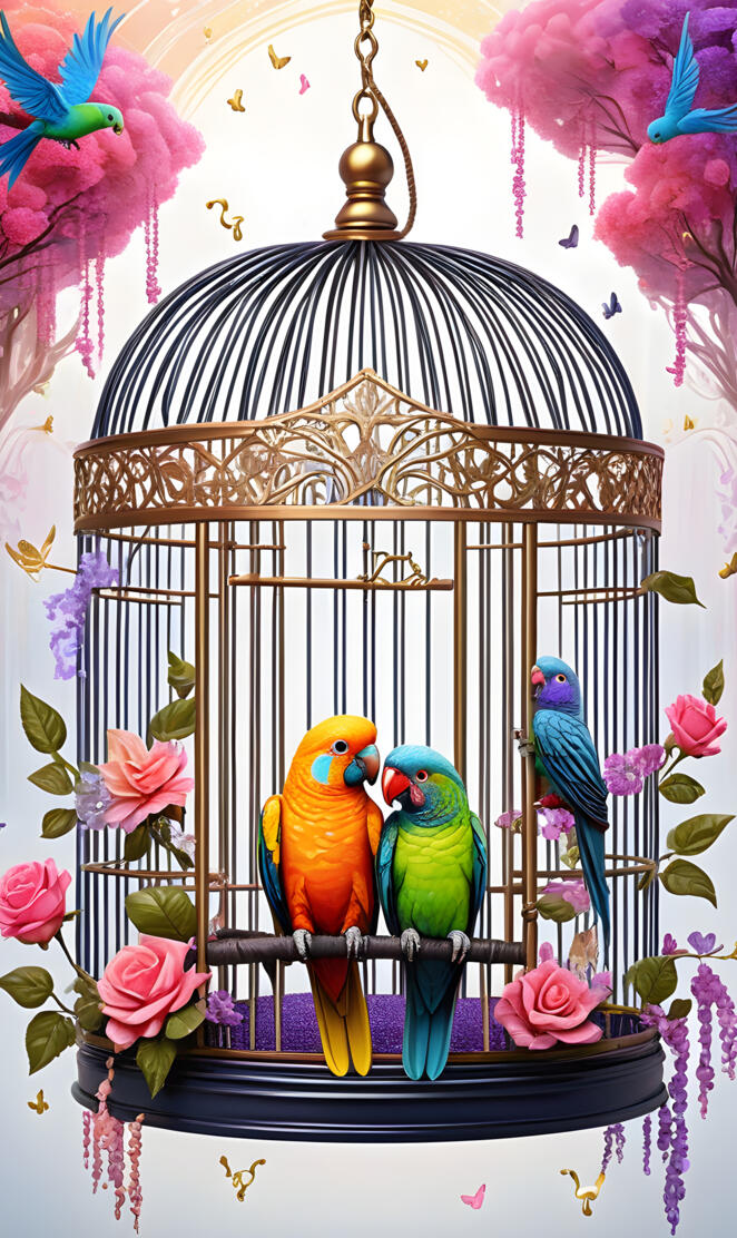 a group of colorful birds in a cage