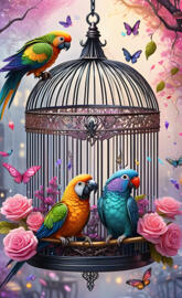 a group of colorful birds in a cage