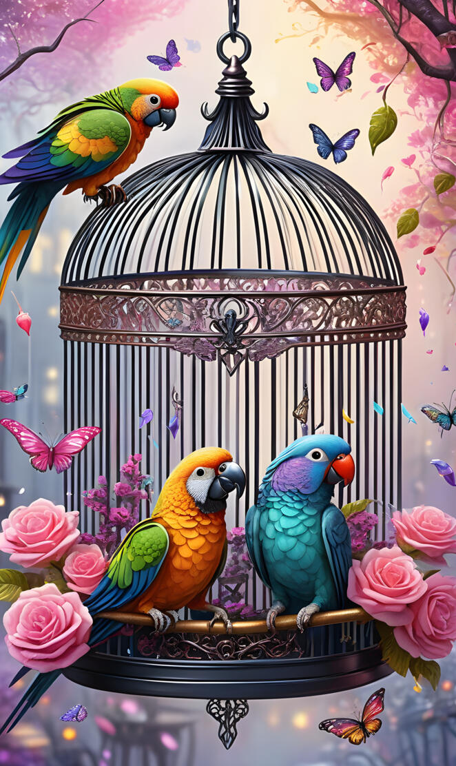 a group of colorful birds in a cage