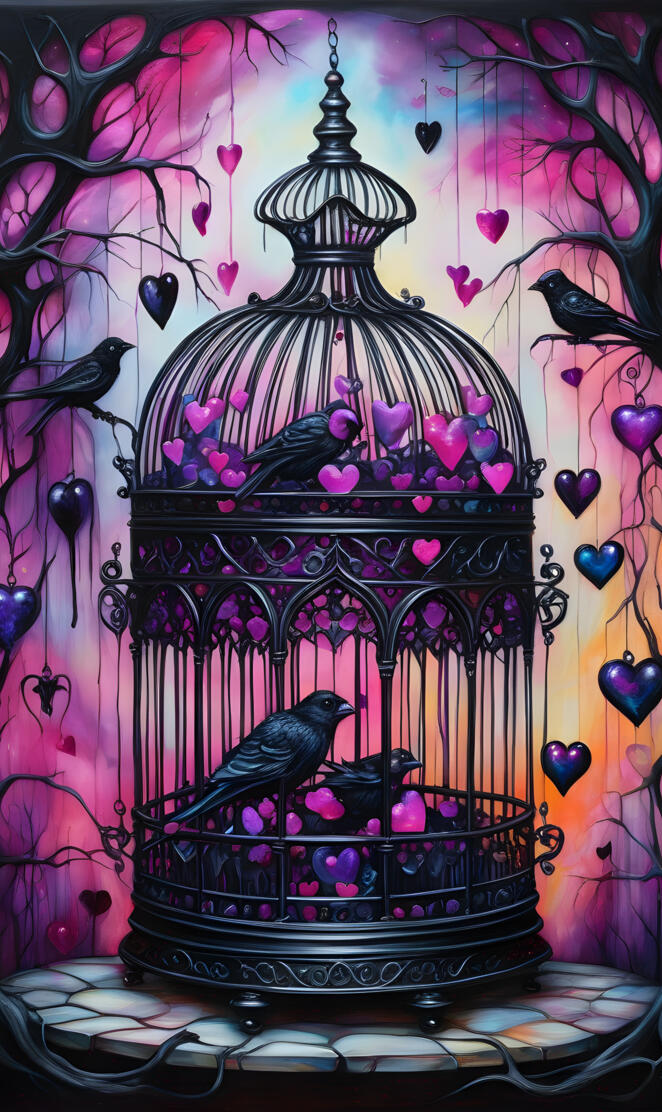 a black bird cage with purple flowers