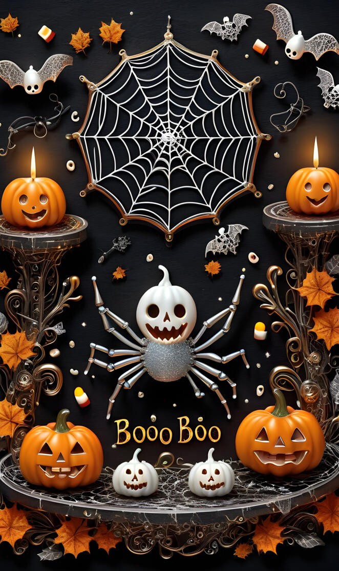 a table with carved pumpkins and a bird cage