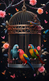 a group of colorful birds on a bird feeder