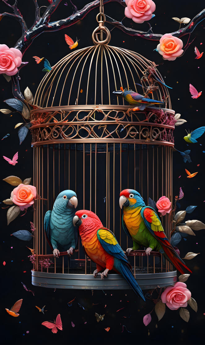 a group of colorful birds on a bird feeder