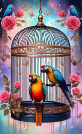 a painting of birds on a bird feeder