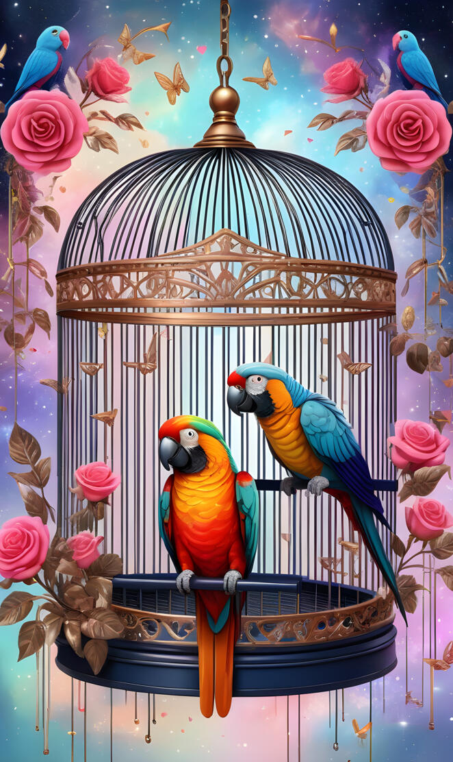 a painting of birds on a bird feeder