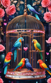 a group of colorful birds in a bird feeder