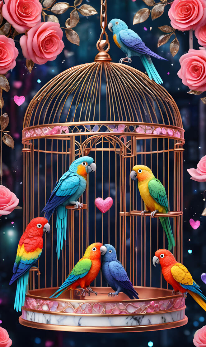 a group of colorful birds in a bird feeder