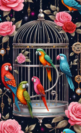 a group of colorful birds on a bird feeder