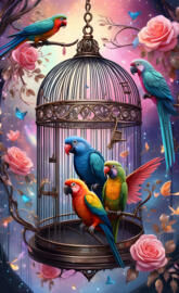 a group of colorful birds on a bird feeder