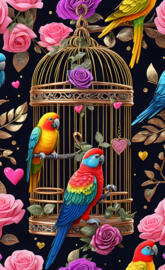 a group of colorful birds on a bird feeder