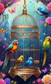 a group of colorful birds on a bird feeder