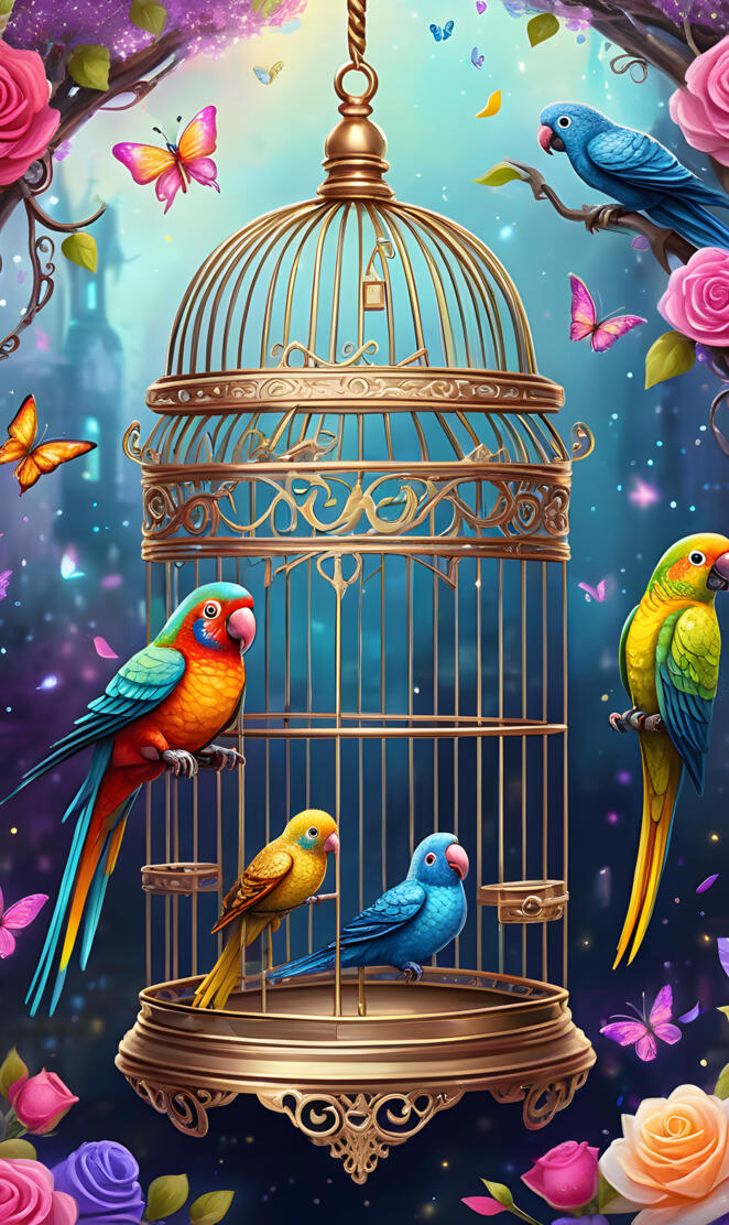 a group of colorful birds on a bird feeder