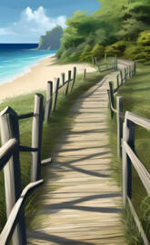 a wooden walkway along a beach