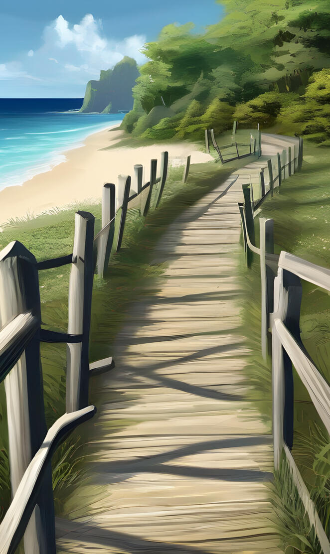 a wooden walkway along a beach