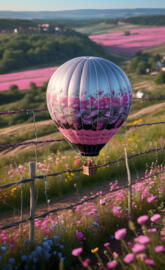 a large purple and white balloon in a field of flowers