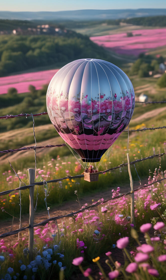 a large purple and white balloon in a field of flowers