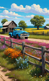 retro blue truck dirt road old farm house