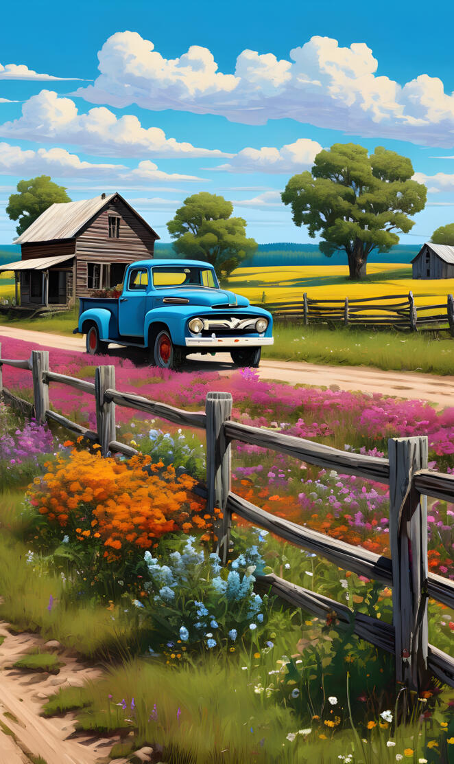 retro blue truck dirt road old farm house