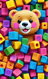 a stuffed animal with many small colorful buttons