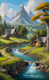 a painting of a river and a house