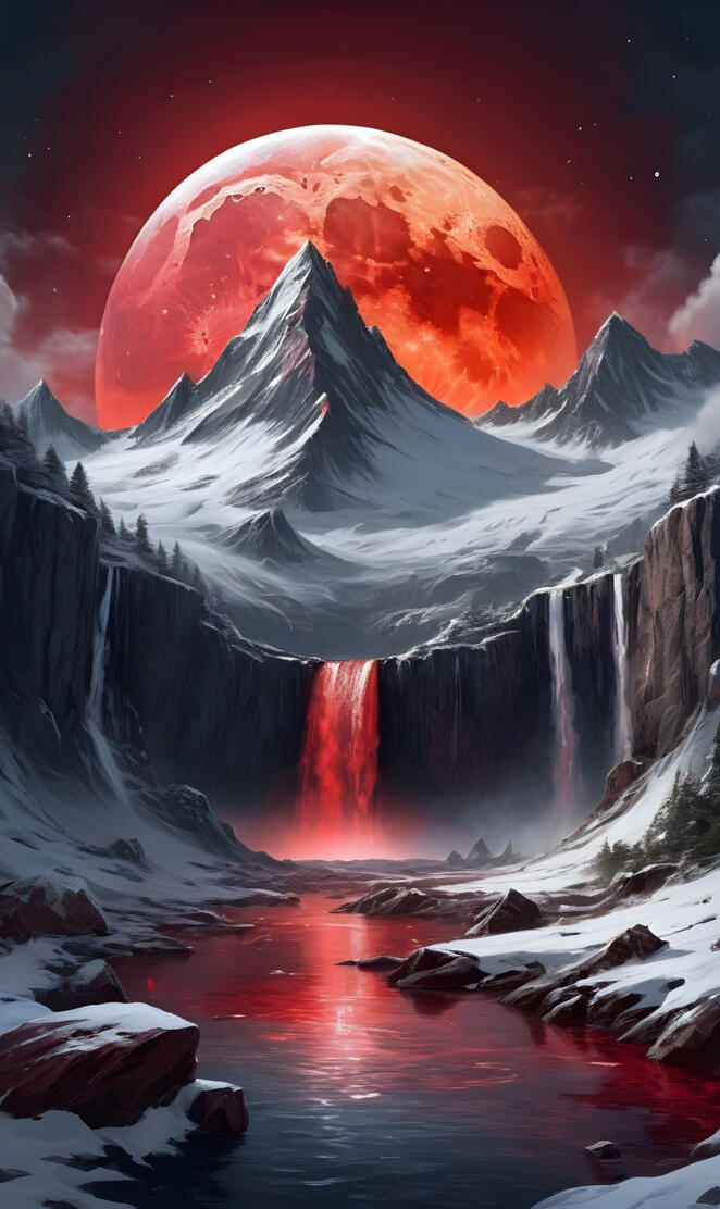 Mountain with a big red moon.