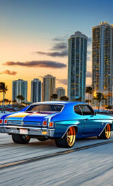 a car parked in front of a city skyline