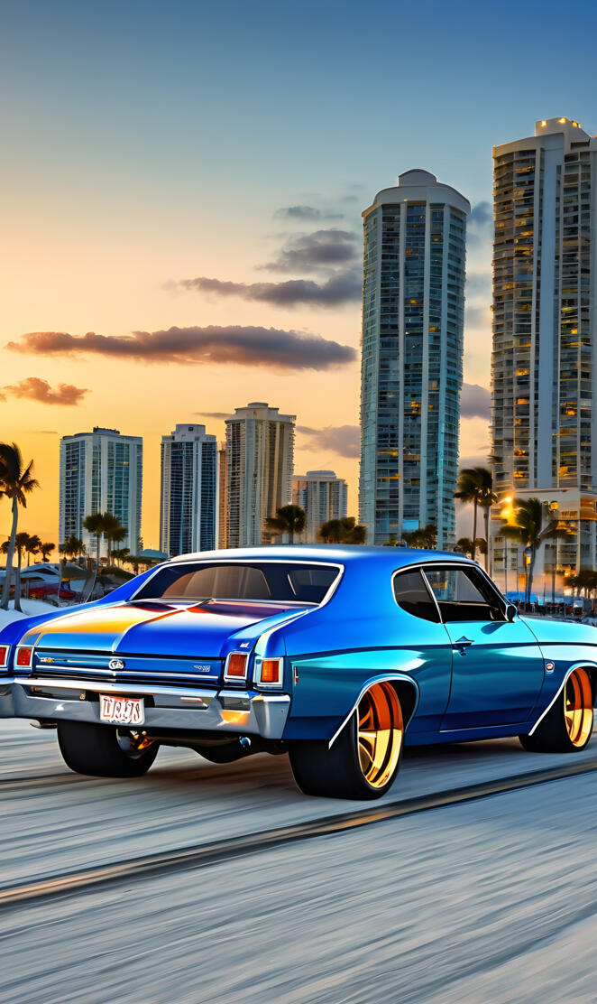 a car parked in front of a city skyline