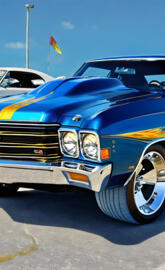 a blue car parked in a parking lot with a flag on the top