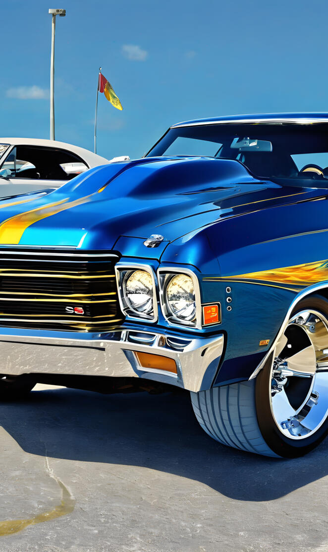 a blue car parked in a parking lot with a flag on the top
