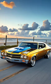 a yellow car parked on a road by the water