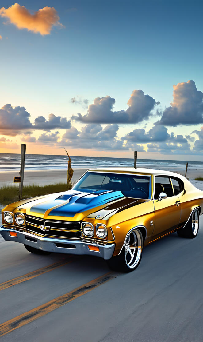a yellow car parked on a road by the water