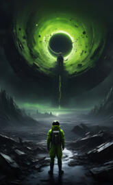 a person standing in front of a block whole in space