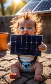 A baby holding a solar panel