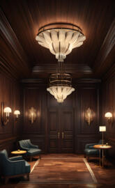 a room with a chandelier and chairs