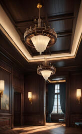 a chandelier from the ceiling in a room with wood walls
