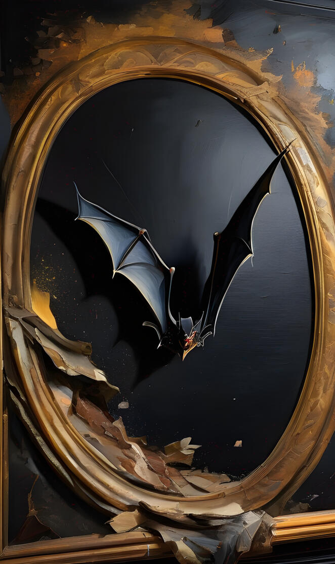 bat entering golden circle with black background