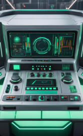 sx2200 Control console. silver green. retro furure. a panel with butto