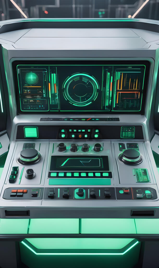 sx2200 Control console. silver green. retro furure. a panel with butto