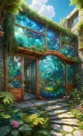 Solarpunk Earthship Courtyard Recycled Glass Panels