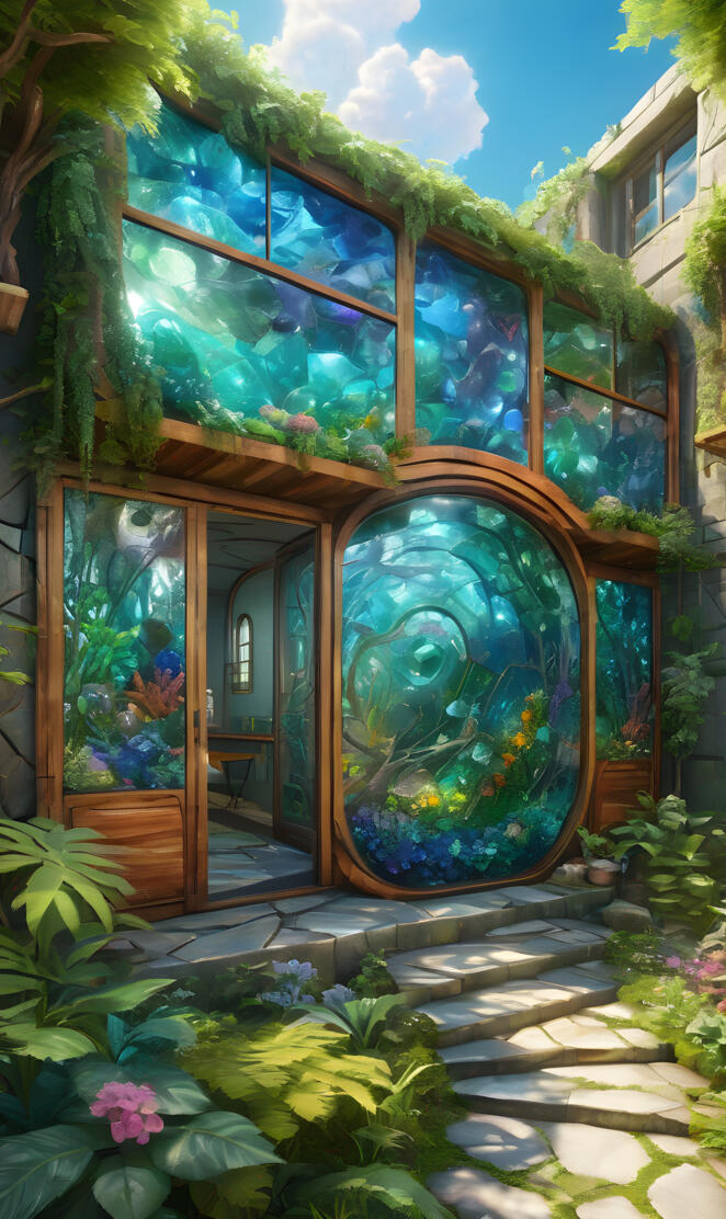 Solarpunk Earthship Courtyard Recycled Glass Panels