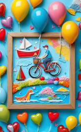a board with balloons and a bicycle