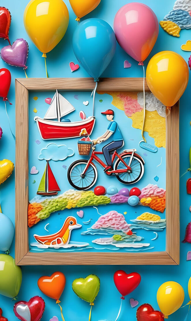 a board with balloons and a bicycle