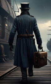 a person in a blue coat with a briefcase on a dock
