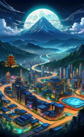 a city with a mountain in the background