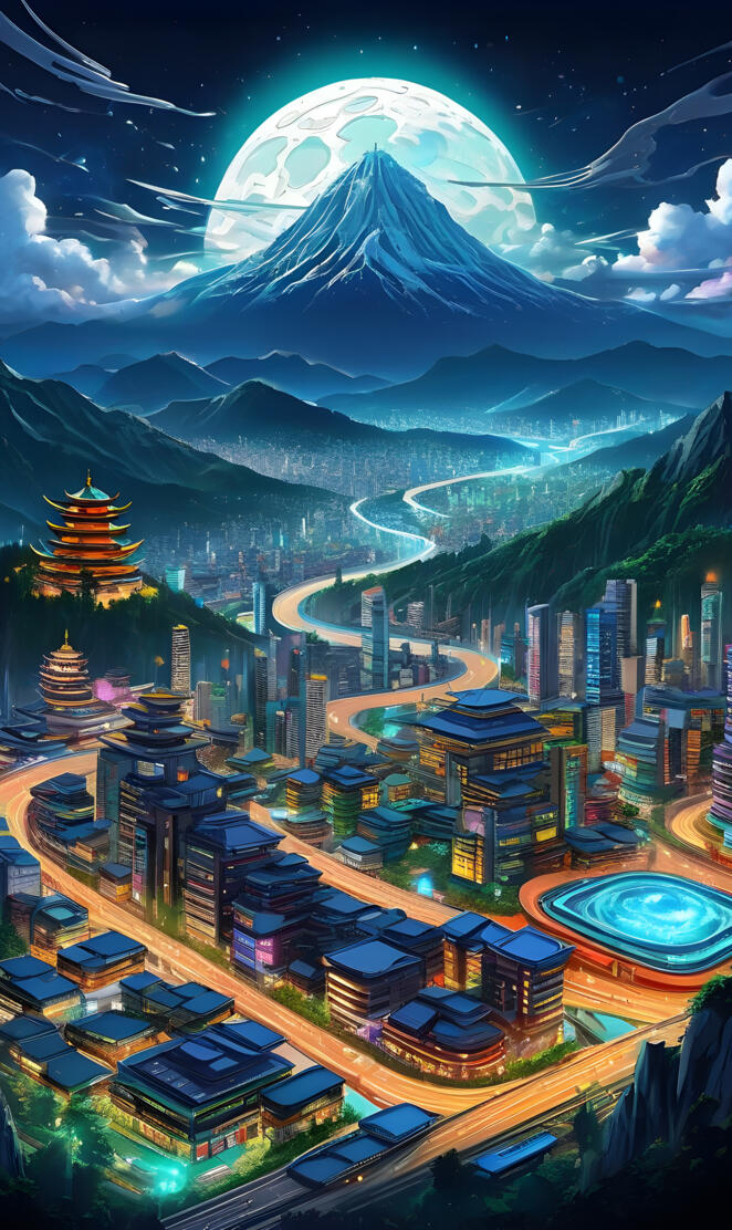 a city with a mountain in the background