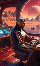 Queen Cleopatra On her throne Battlestar Ra2 sailing the Nile on mars.